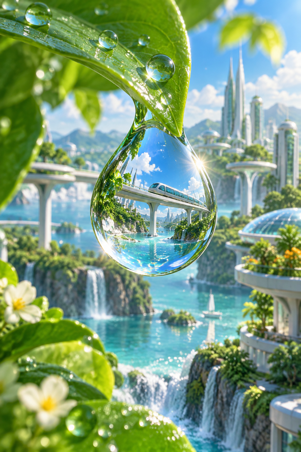 Dewdrop Monorail A macro green leaf holds a large dewdrop reflecting an elevated monorail, blue sky and a futuristic coastal city.