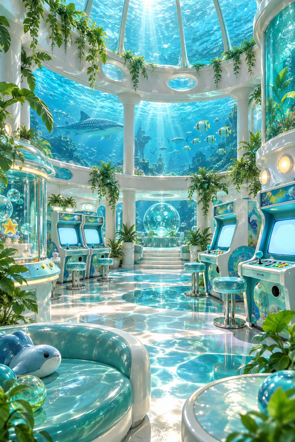 A bright underwater arcade with blank aqua game screens, white columns, tropical plants, fish and sunbeams.