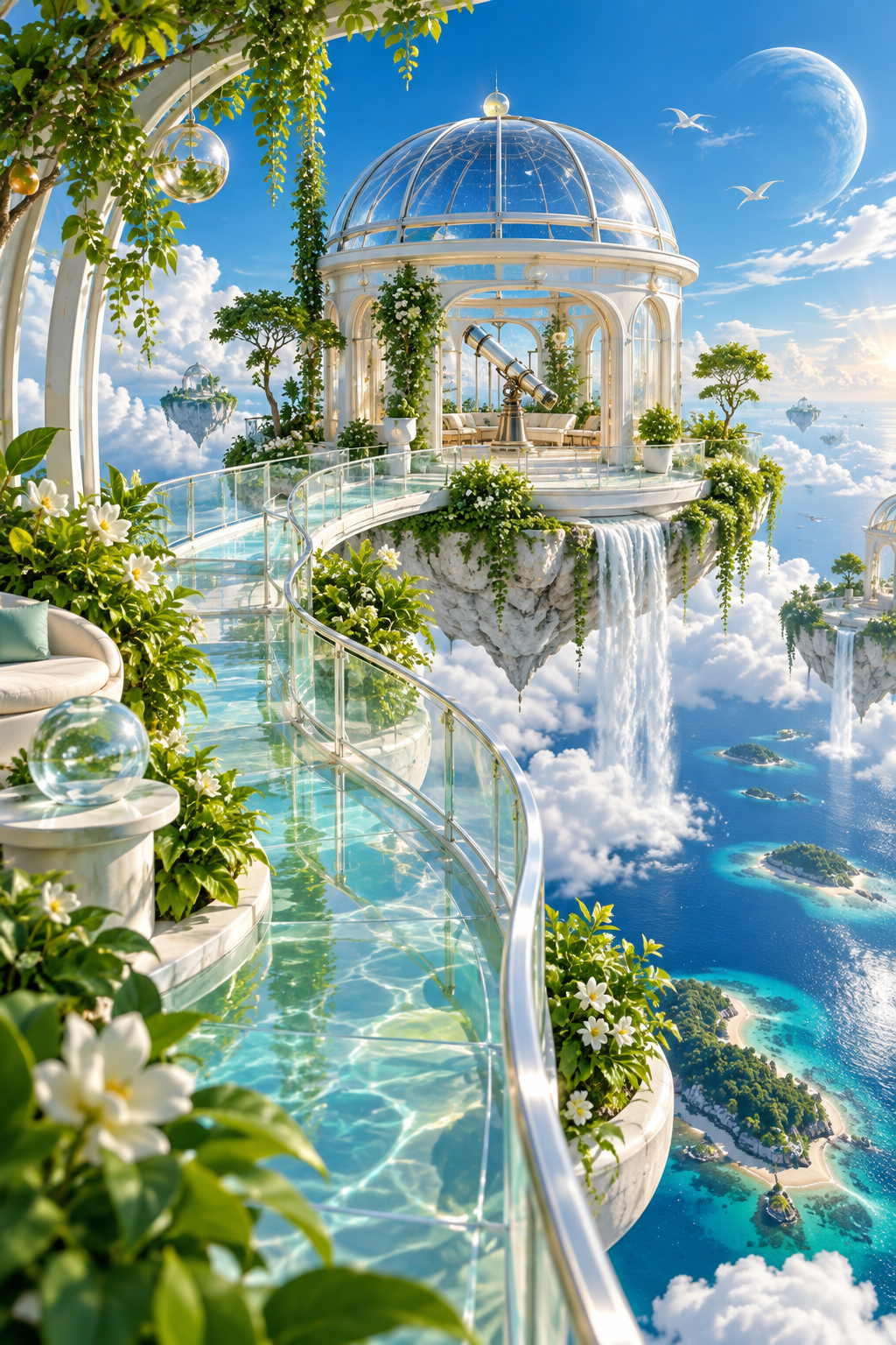 A glass observatory with a telescope floats above clouds and ocean islands, wrapped in gardens and clear walkways.