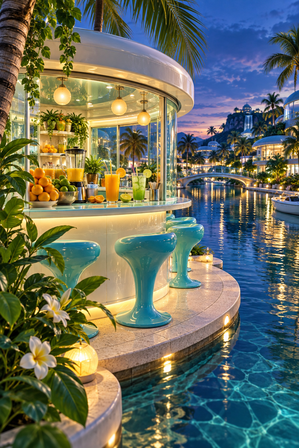 A rounded glass juice bar with orange and lime drinks glows beside a palm-lined canal at blue hour.