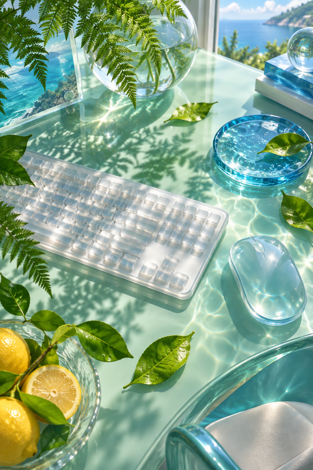 A top-down still life of a translucent white keyboard, gel mouse, blue glass dish, fern shadows, lemon and wet leaves.