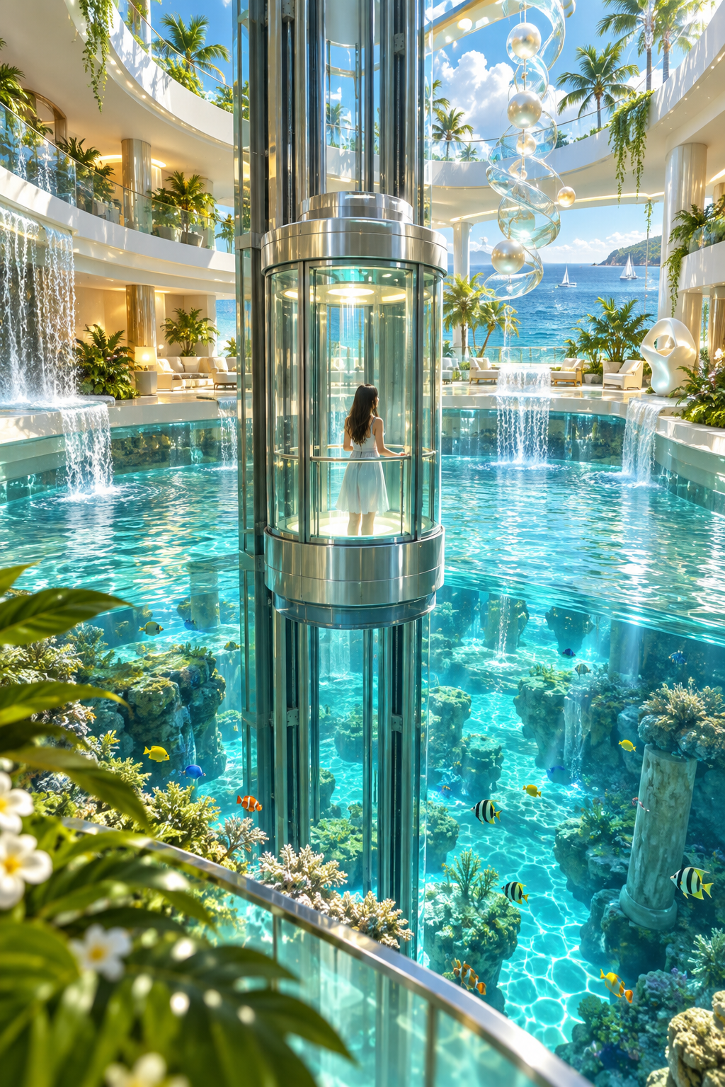 A glass elevator descends through a pearl-white coastal atrium into a clear coral tidepool beneath a blue ocean view.