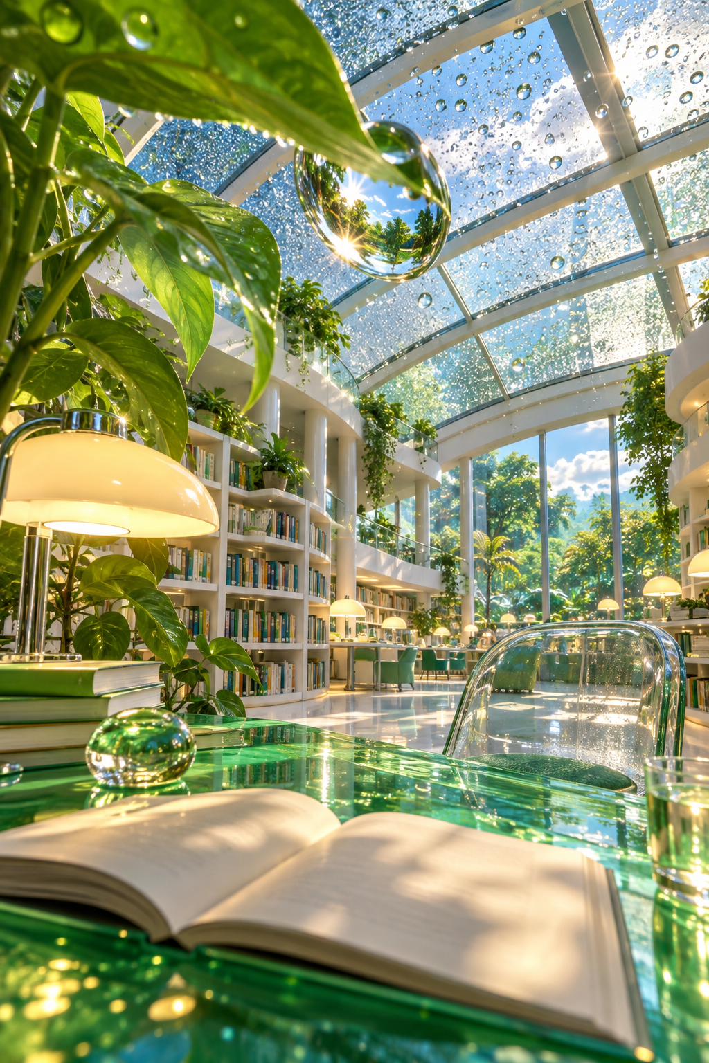 The Rainroom Library A green glass desk and open book inside a bright library with a rain-covered glass roof, white shelves, plants and warm lamps.