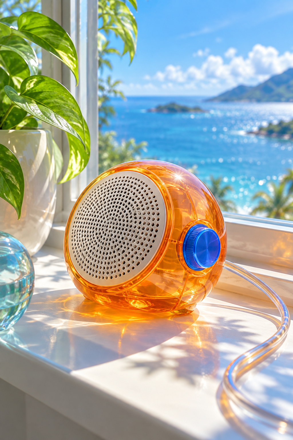 A rounded transparent orange speaker with a pearl grille and blue control wheel on a sunlit white windowsill overlooking the sea.