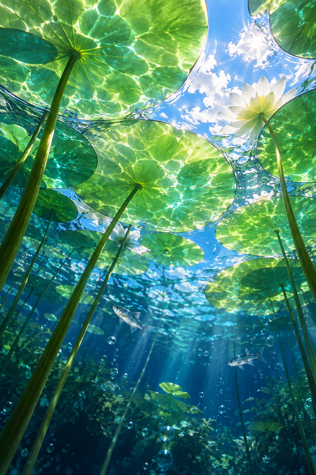 An underwater view of green lily pads, a white flower and small silver fish beneath shafts of sunlight in blue water.