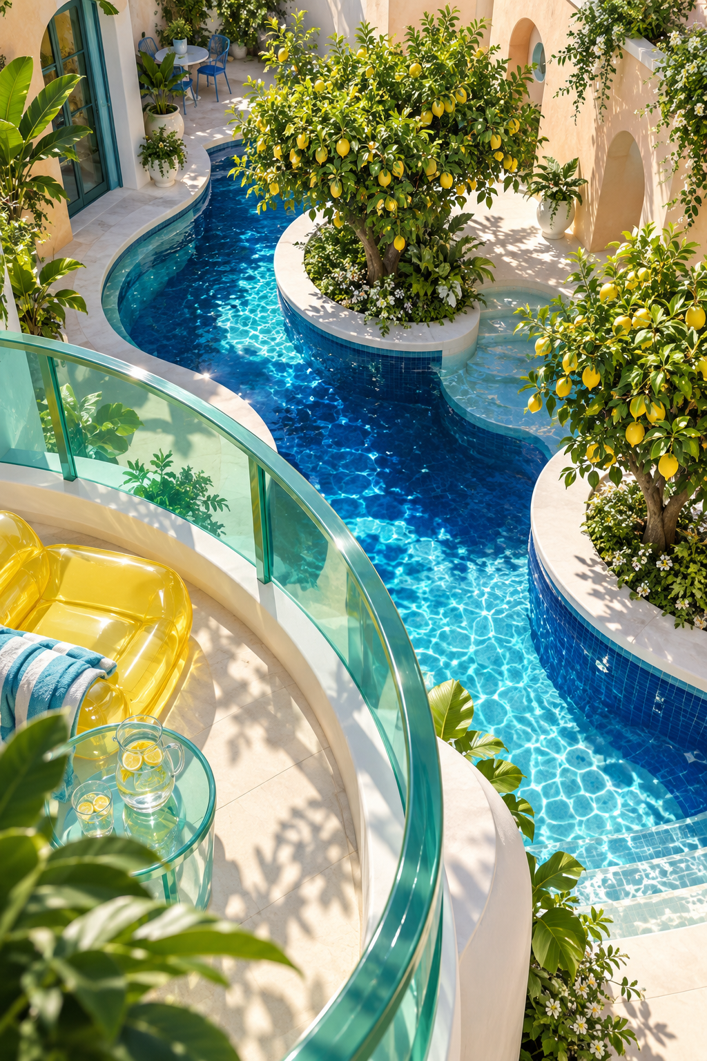 An overhead view of a winding cobalt pool surrounded by lemon trees, white terraces, apricot walls and an aqua glass balcony.