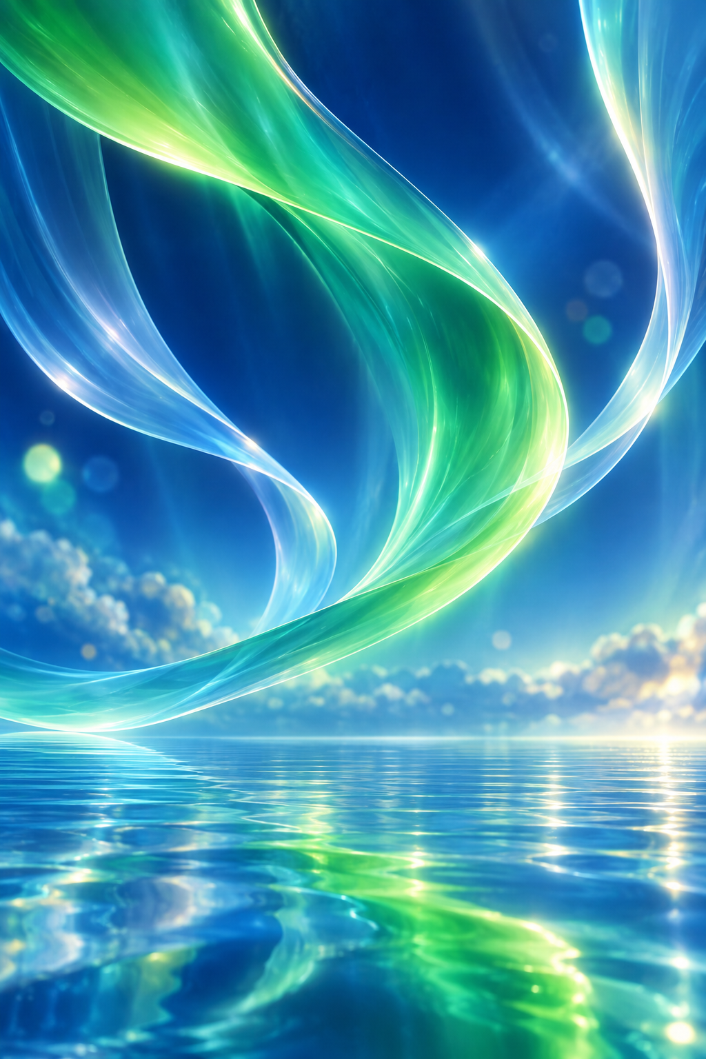Aurora in Sleep Mode Sweeping translucent emerald and cyan ribbons of light above a reflective blue surface and soft cloud horizon.