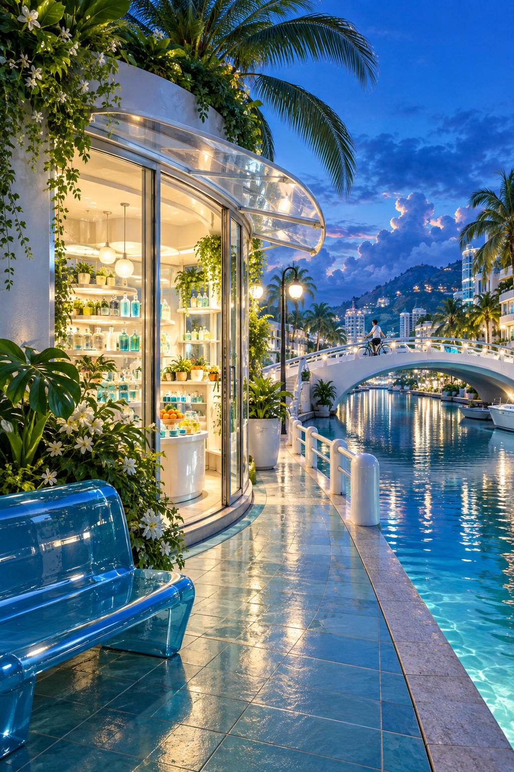 A glowing round glass corner shop beside a palm-lined canal at blue dusk, with bottles, a glossy blue bench and a cyclist on a bridge.