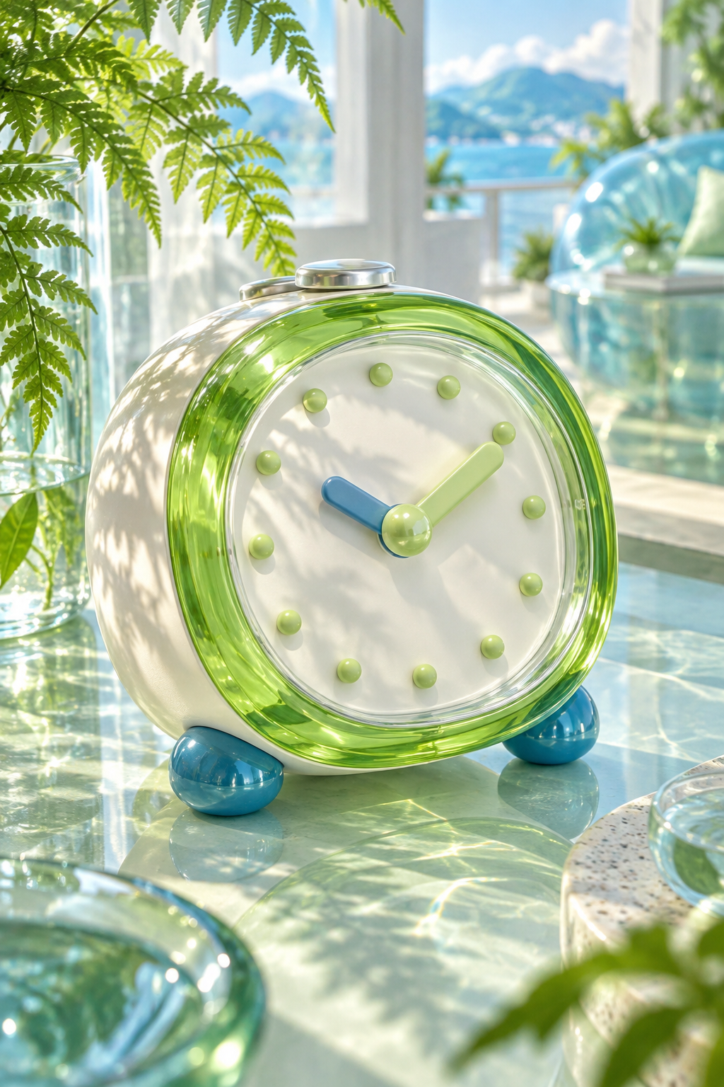 A rounded white clock with a translucent lime rim, blue feet and colored hands, surrounded by ferns and sunlight beside a sea-view window.