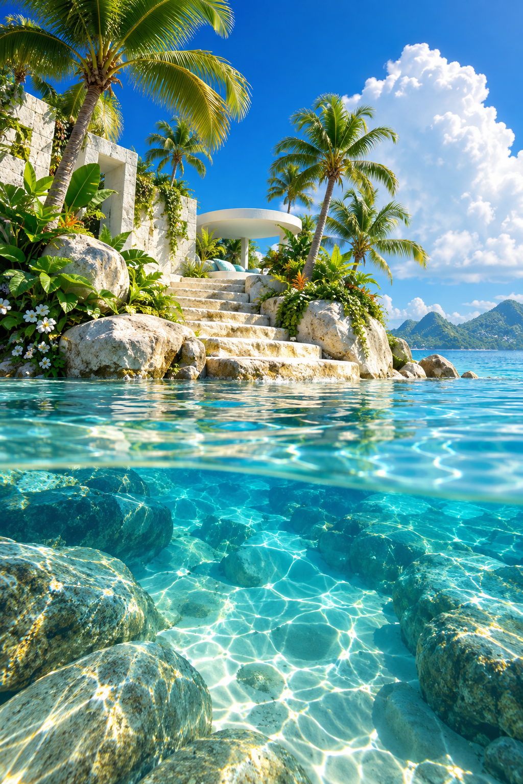 A split-level view of clear turquoise water and submerged rocks below pale island steps, palm trees and white structures under a deep blue sky.