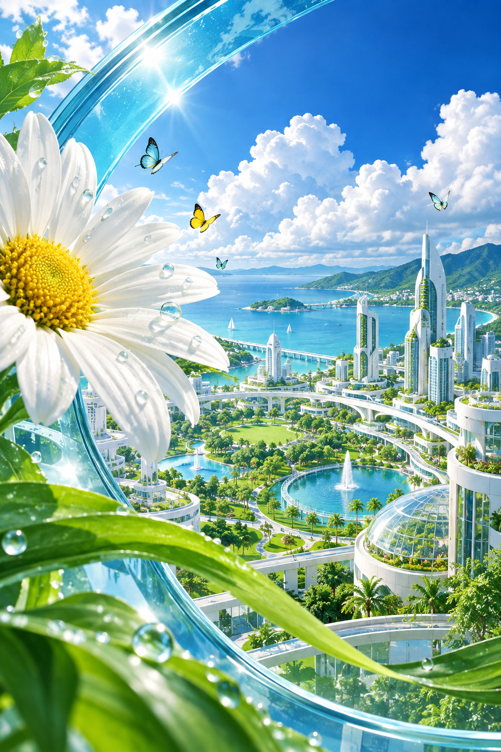 An oversized dew-covered daisy and butterflies frame a white futuristic coastal city with green parks, fountains and a curved blue glass border.