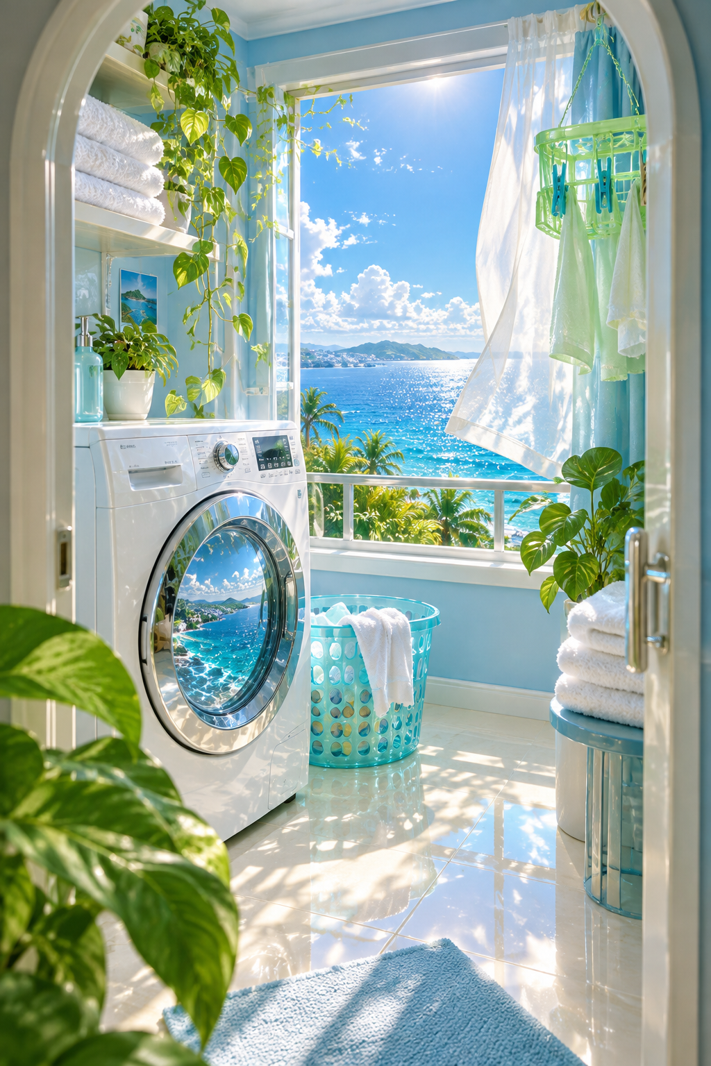 A compact sunlit laundry room with a white washing machine, aqua basket, folded towels, green plants and an open window overlooking a blue sea.