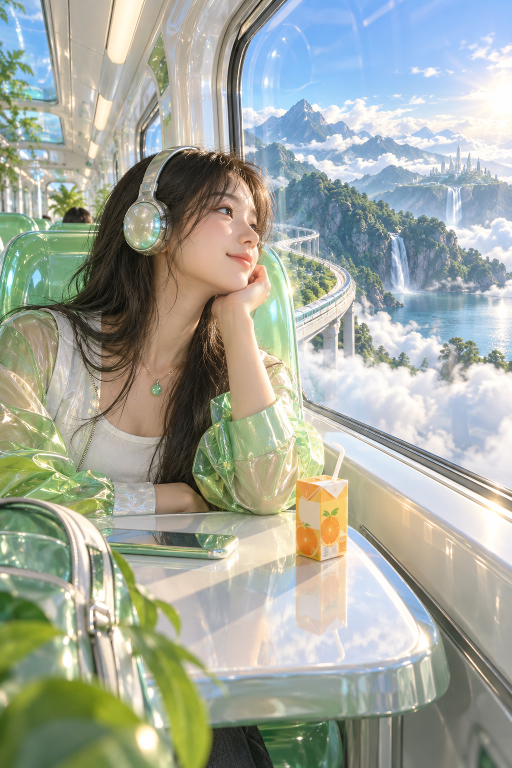 The Cloudline Express Inside a pearl-white mountain train, translucent jade seats face panoramic windows. Clouds drift below the tracks; a tiny unbranded orange juice carton catches morning light.