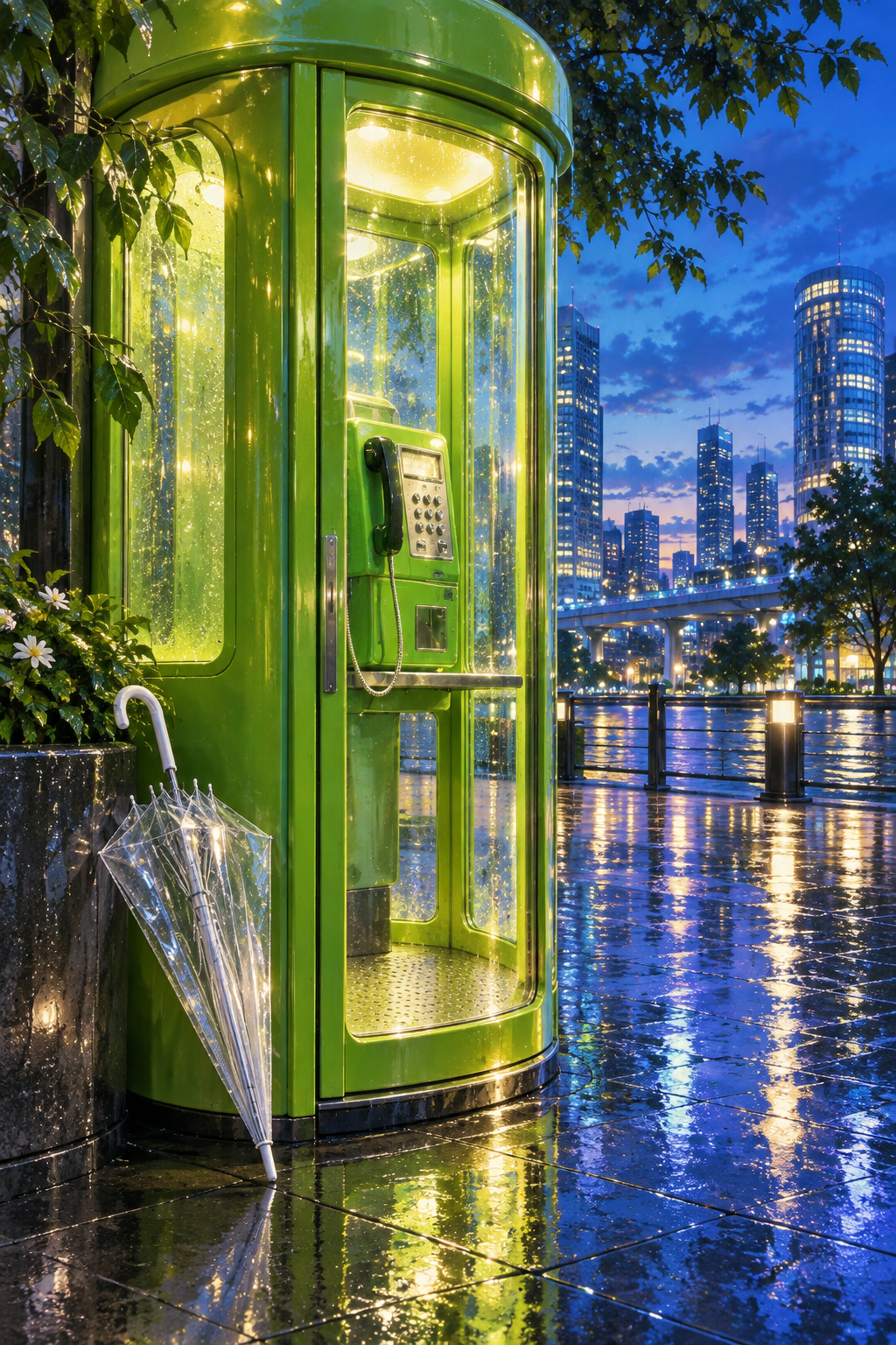 A lime-green telephone booth on a rain-soaked plaza at blue hour. Rounded glass glows warmly against cobalt reflections, one clear umbrella leaning outside. Intimate street-level view.
