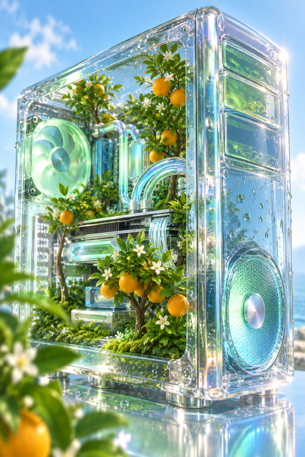 A transparent computer tower becomes a miniature orchard: tiny orange trees grow between softly glowing components, dew on acrylic walls. Close-up product photograph against pale sky blue.