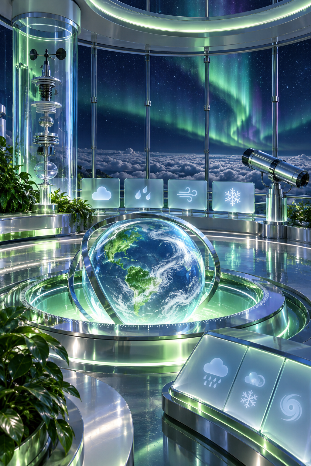 Circular observatory above a sea of clouds. Frosted screens display wordless weather symbols while a green aurora curls beyond glass. Deep navy, mint, soft violet. Wide architectural interior.