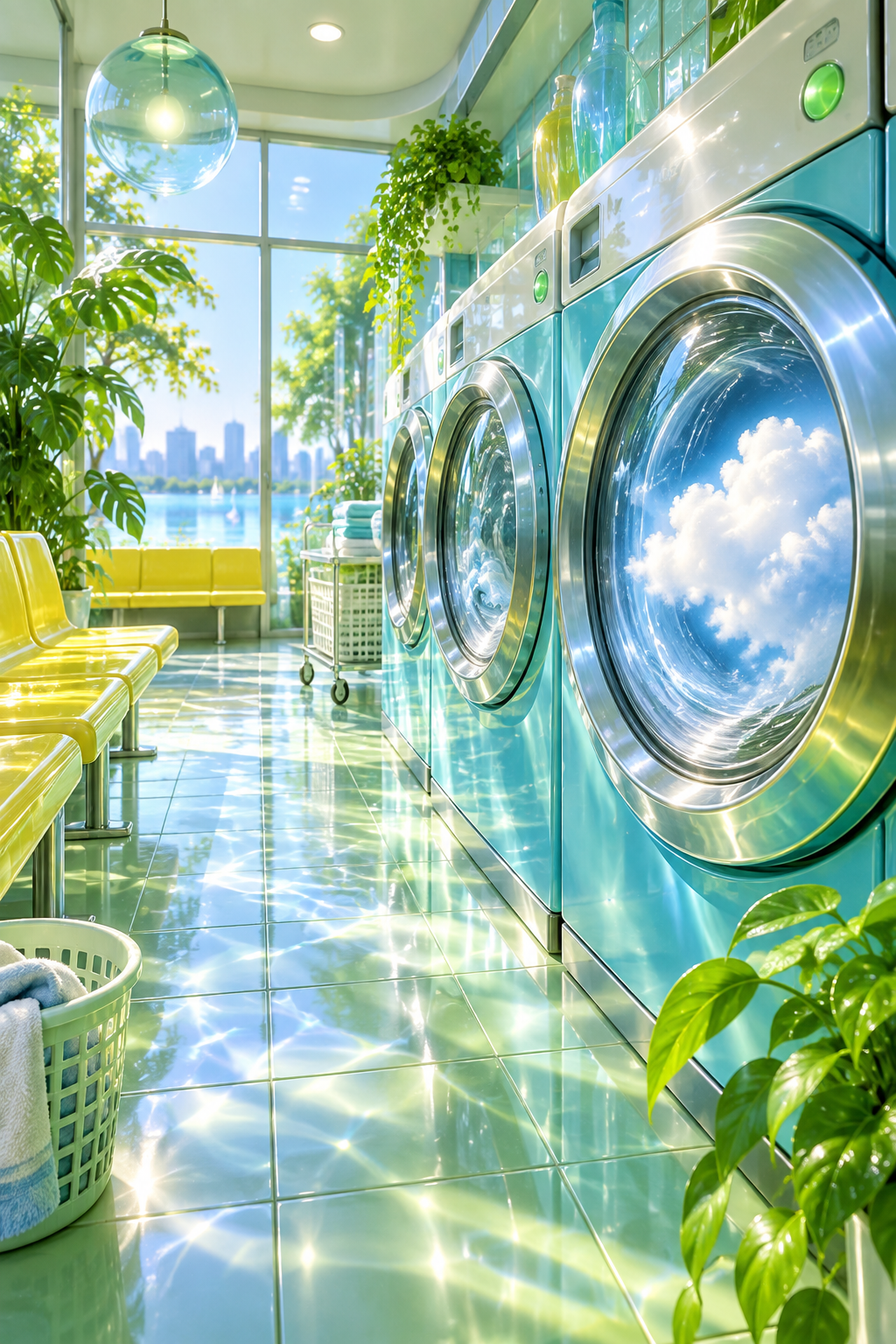 Cheerful neighborhood laundromat with oversized aqua porthole washers, lemon-yellow benches, sunlit tiled floors. One machine contains a gently rotating cloud. Welcoming everyday surrealism.