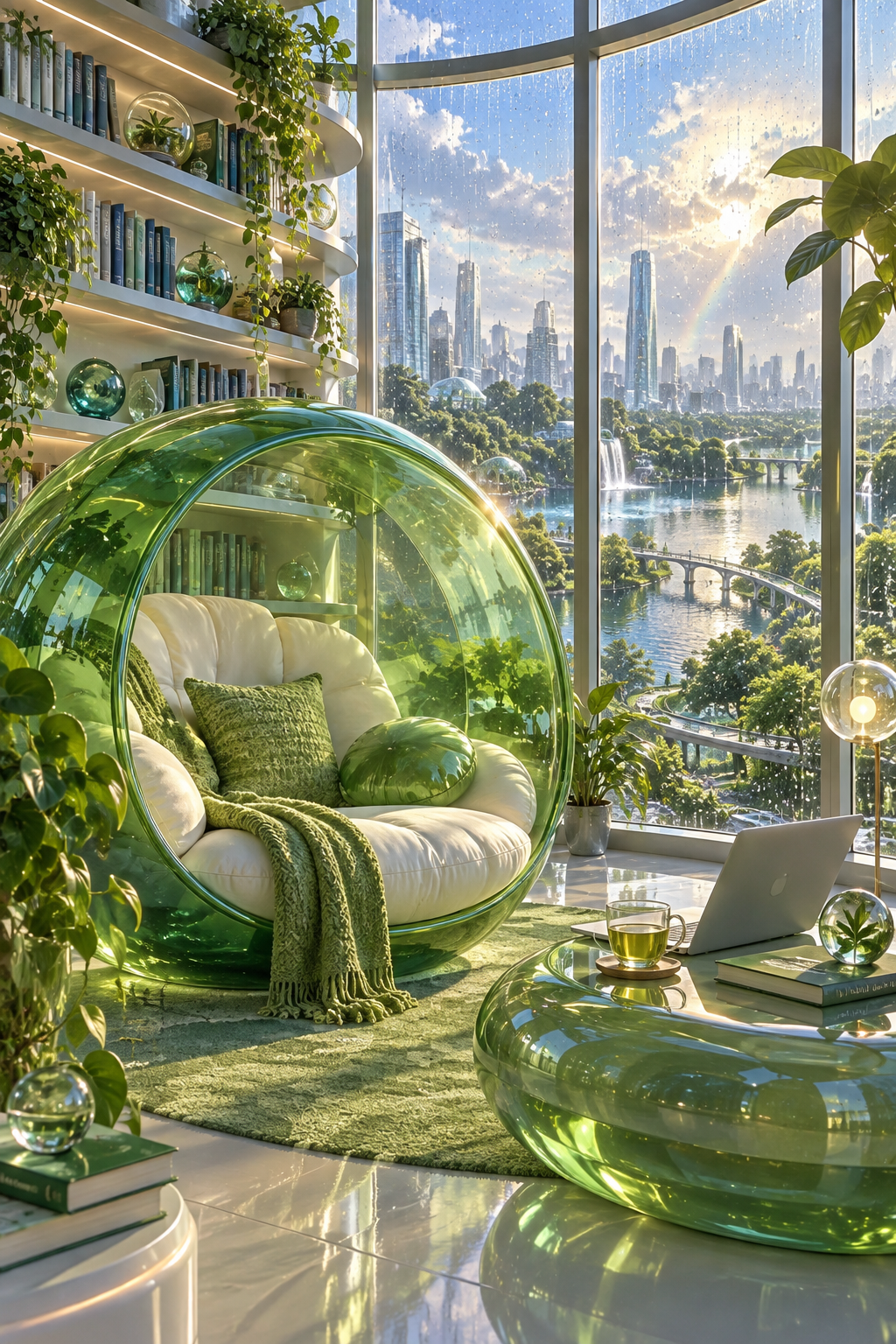 Curving bookshelves surround a green glass reading pod. Rain beads on enormous windows overlooking a lush city park; silver laptop and half-finished tea. Cozy eye-level composition.