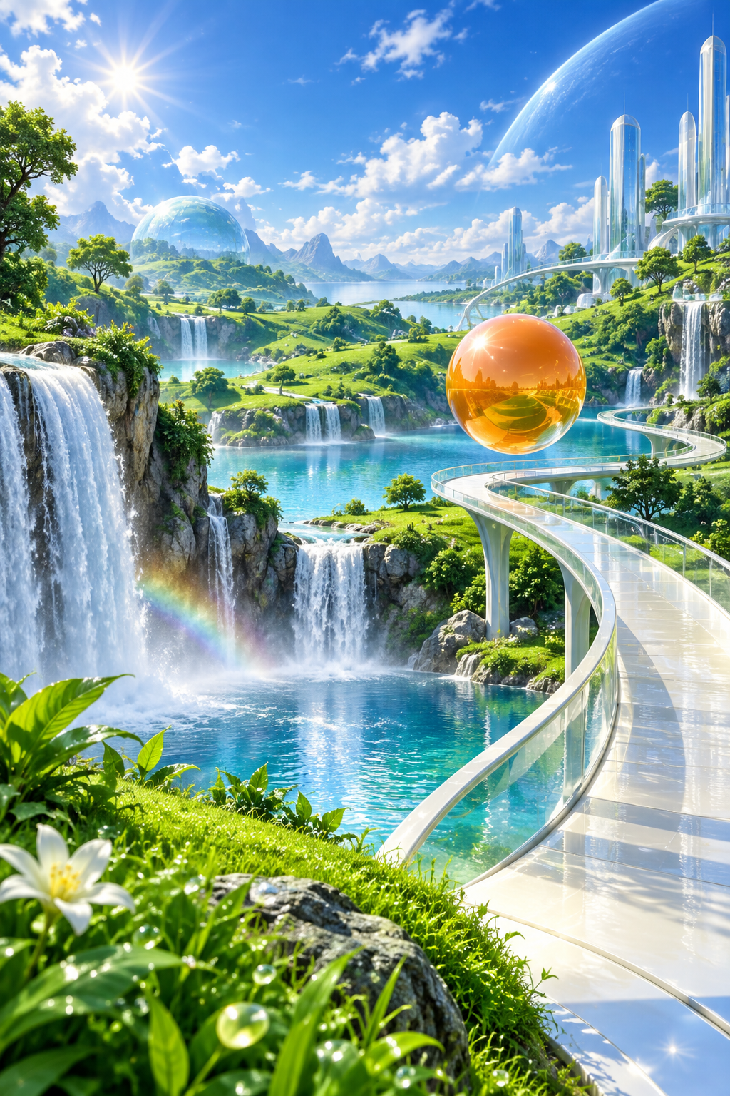 Exuberant early-2000s game landscape: rolling emerald hills, looping white footbridge, waterfalls, one glossy orange sphere hovering above a path. Wide playful inviting landscape. Crisp polished CGI.