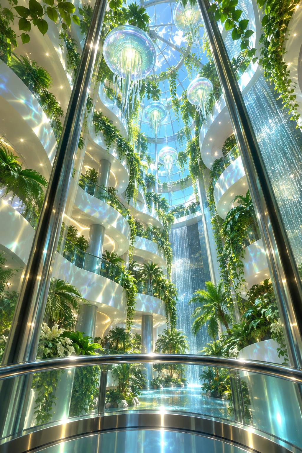 Looking upward through transparent cylindrical elevator in botanical atrium. Jellyfish-shaped glass lamps hang overhead among vines, casting watery patterns across pearl balconies. Dramatic vertical perspective.