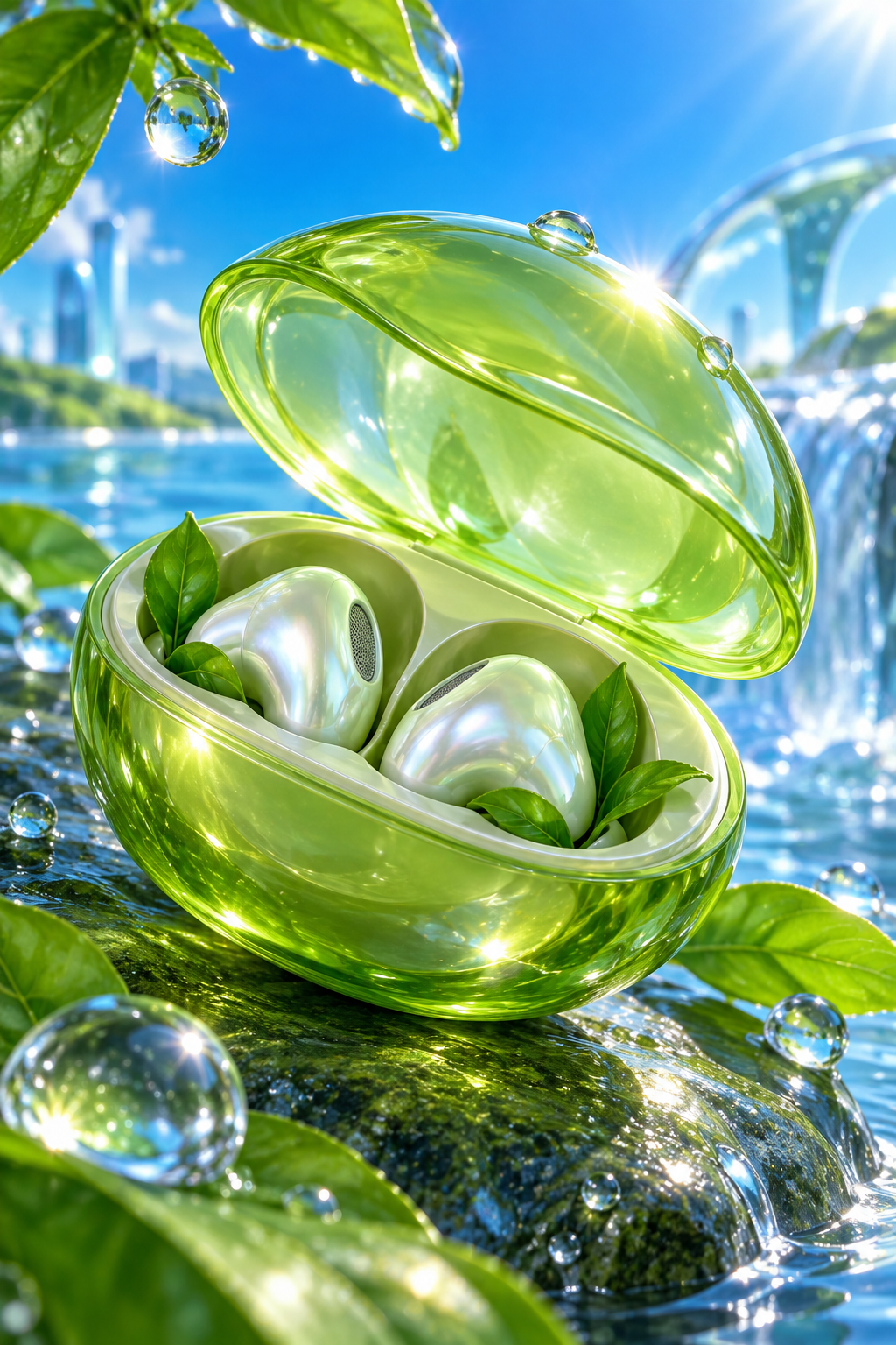 Your Music Is Growing Translucent lime-green headphone case opens like a seedpod, revealing pearl earbuds nestled among tiny leaves. Macro product detail, pearlescent droplets, clean electric-blue background.
