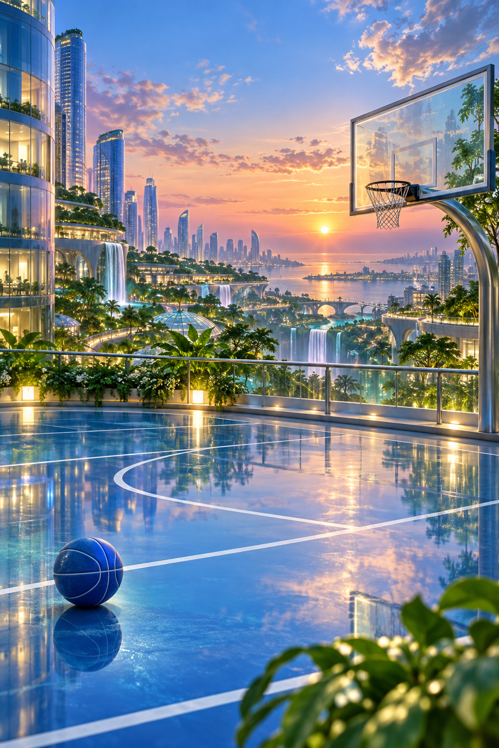 The City After Everyone Logged Off Peaceful rooftop basketball court above luminous garden city. Transparent backboards, single cobalt ball, peach dusk fading into blue; curved office windows glow like sleeping screens. Spacious wistful optimism.