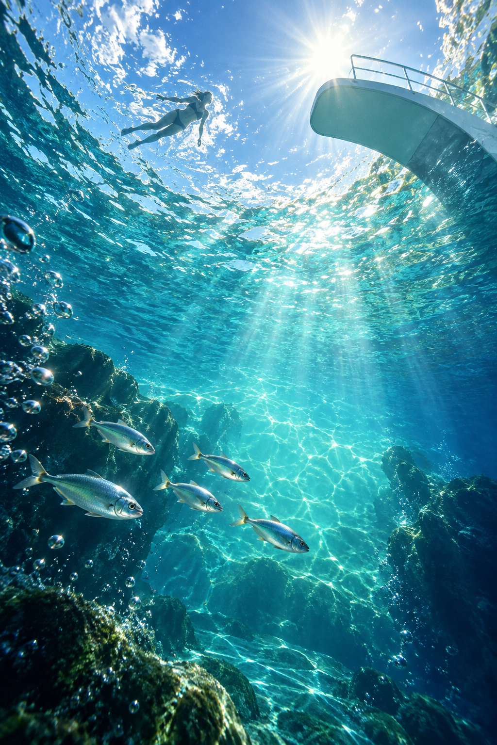 An imagined pause beneath the diving platform.