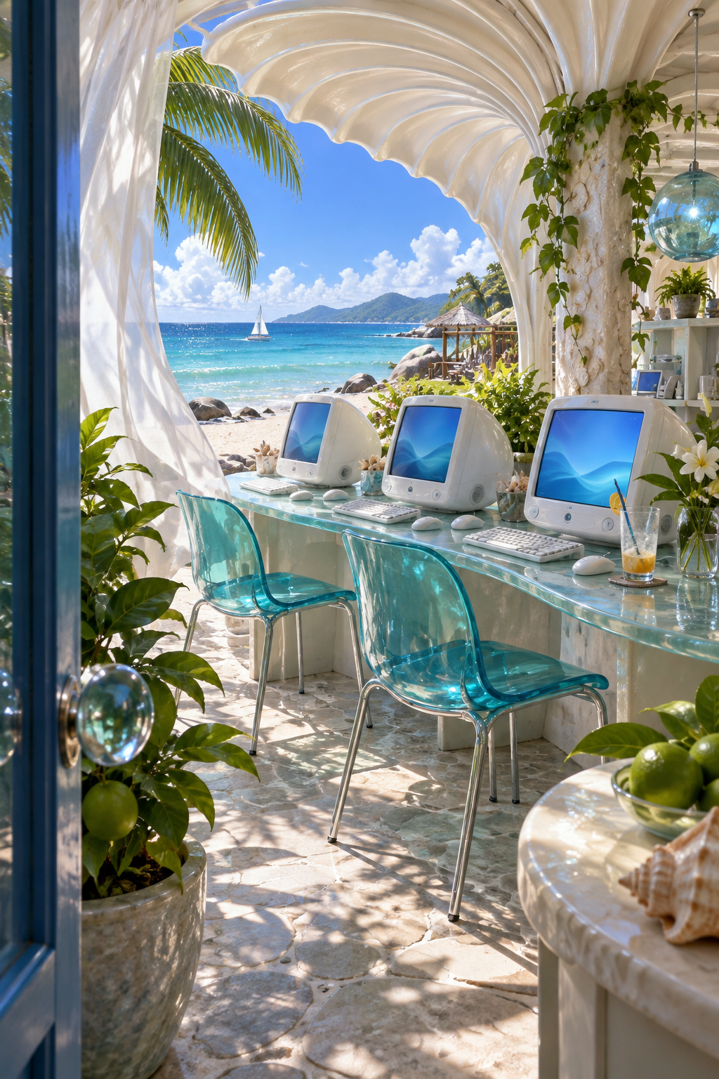 An imagined beachfront café where the sea breeze reaches every desktop.