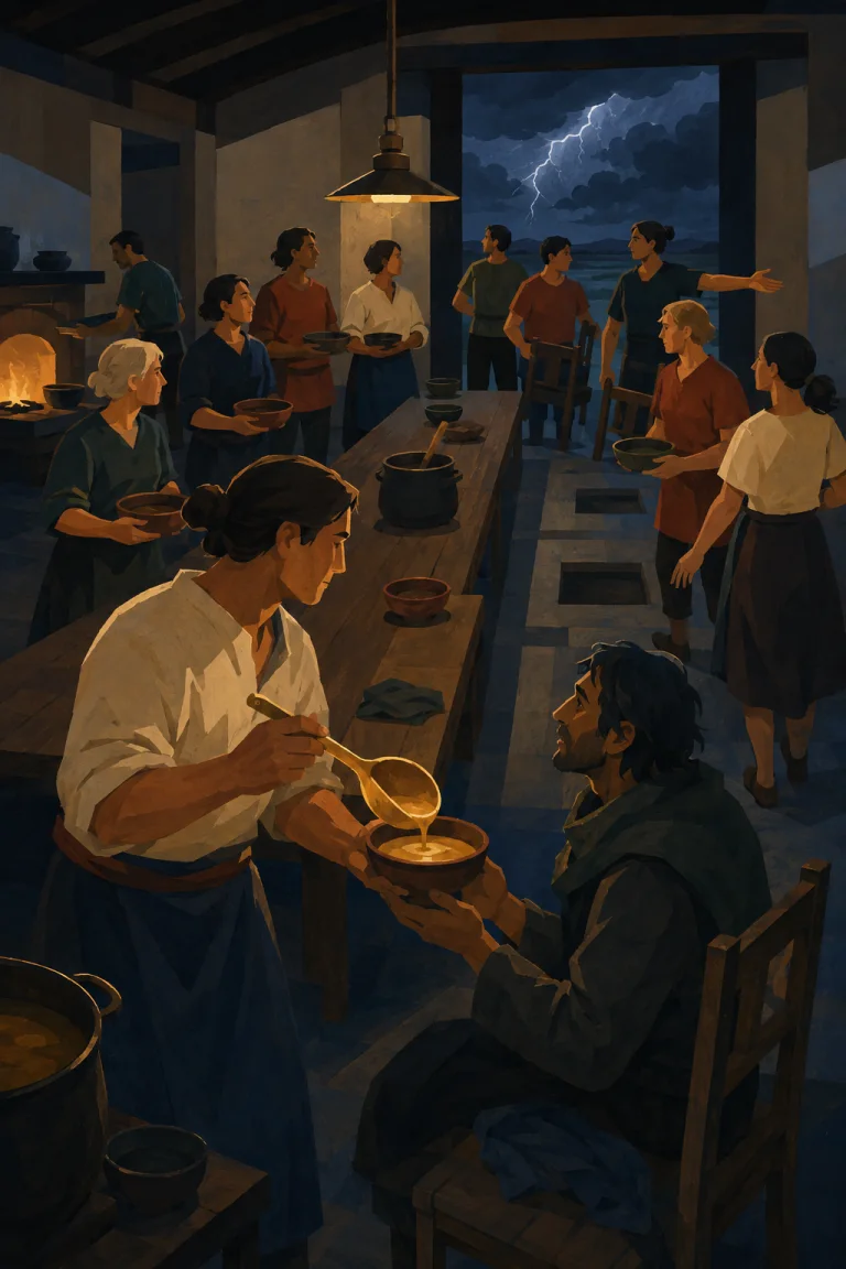 The Ladle That Would Not Serve Twice Portrait mural of a shared meal where one copper ladle fills many bowls for a stranger as an empty chair vanishes from the household table.