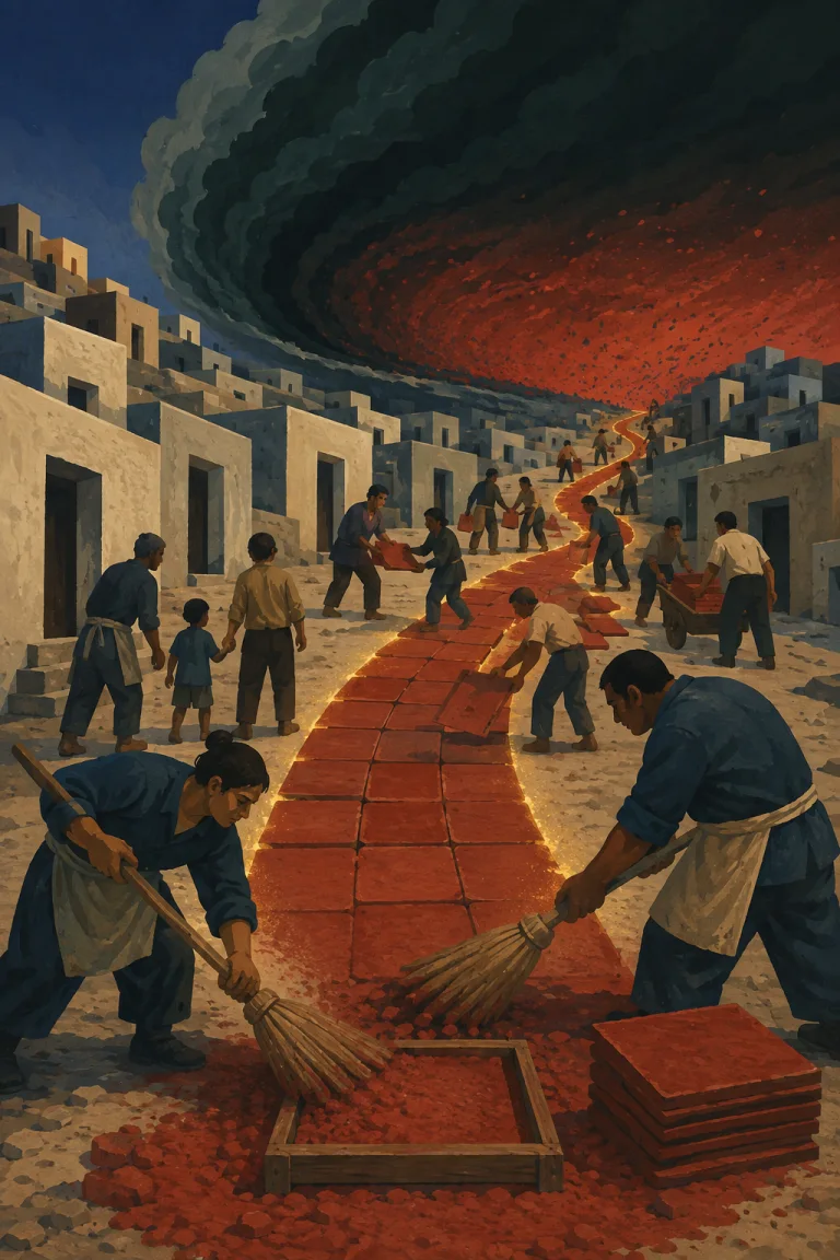 Portrait matte mural of sweepers making an ash road that bends a black storm aside while small homeward markings disappear from the ground.