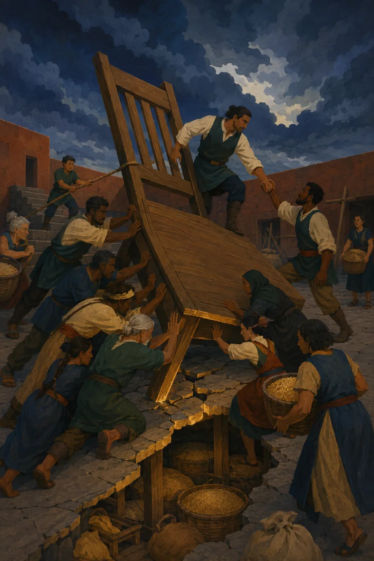 Portrait mural of a large public chair tilting toward quiet figures at its edge as a group reaches together to lift it level.