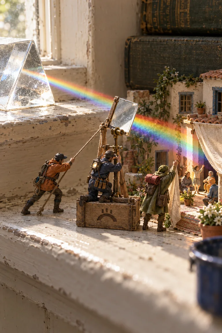 Three tiny workers adjust a prism and braced mirror on a windowsill, directing a rainbow into a shaded miniature courtyard.