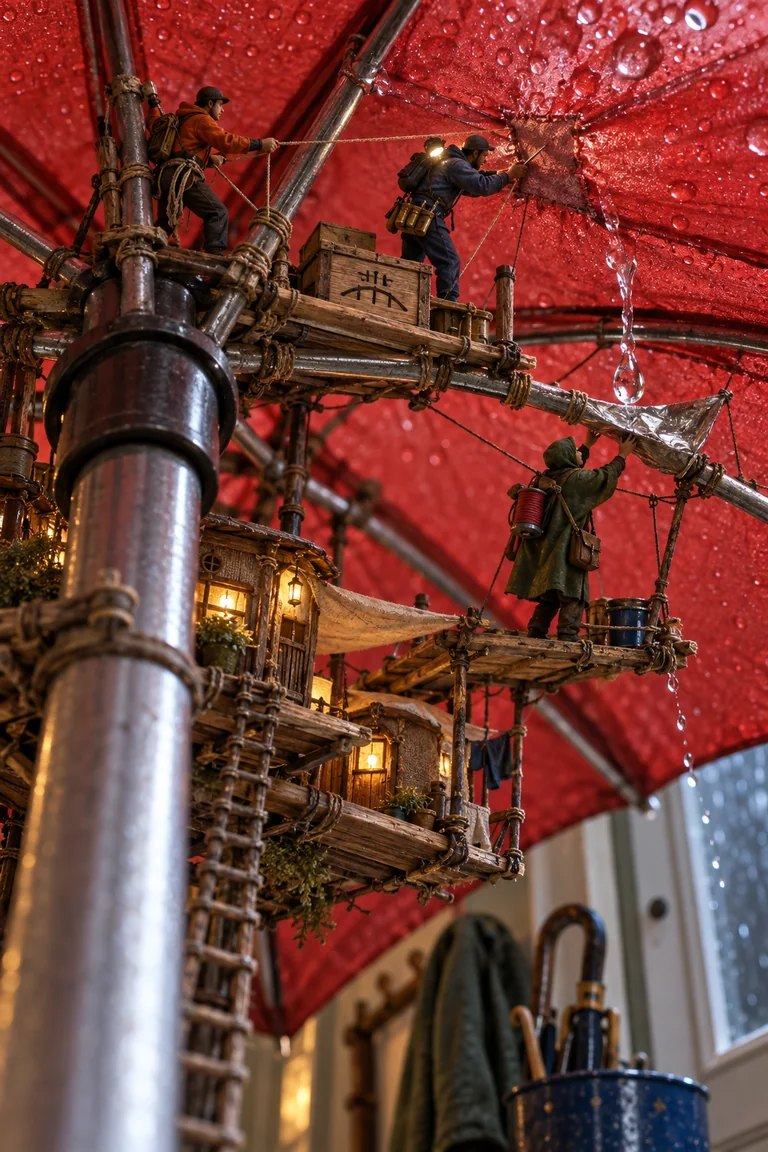 A miniature crew patches a leaking red umbrella seam above rib-mounted homes while a foil gutter catches the water.