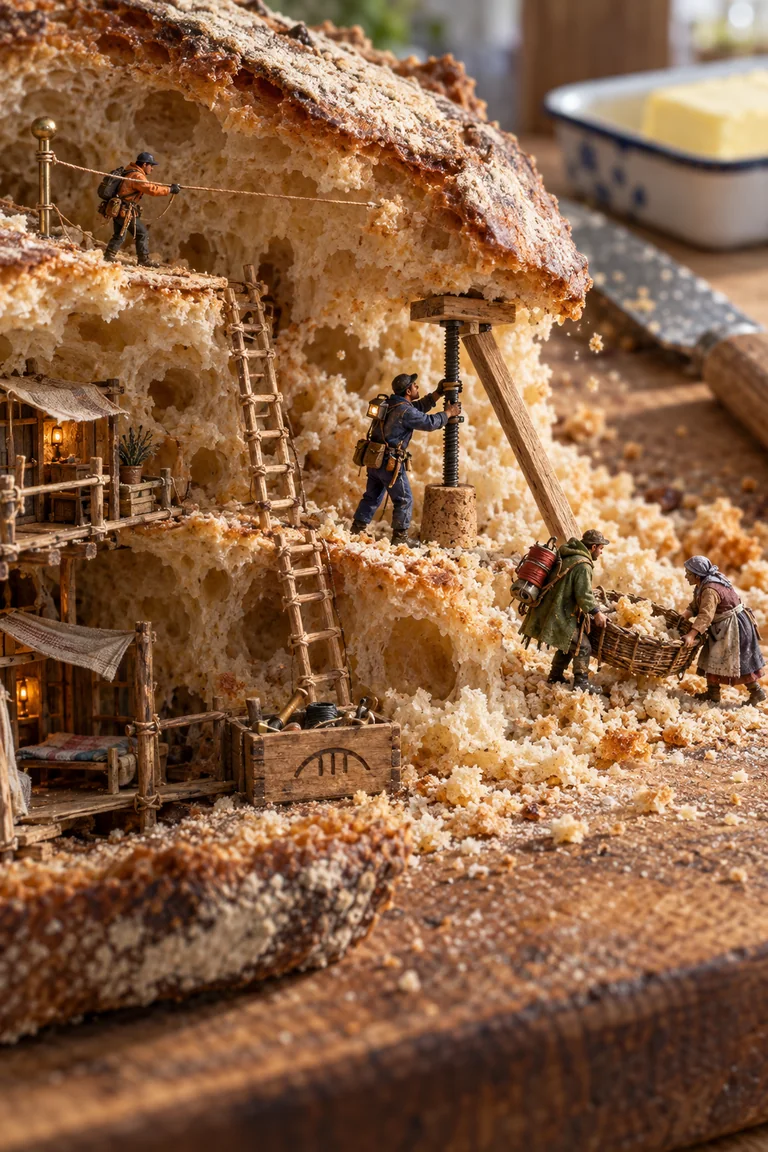 Tiny residents brace a crumbling sourdough overhang and clear a passage among handmade balconies inside the loaf.