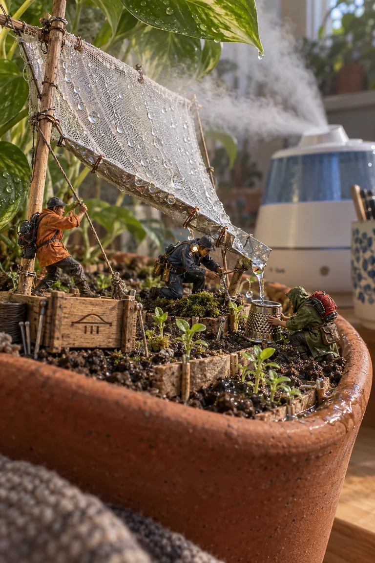 A miniature crew harvests humidifier mist with mesh and foil gutters to irrigate seedlings in a terracotta pot.
