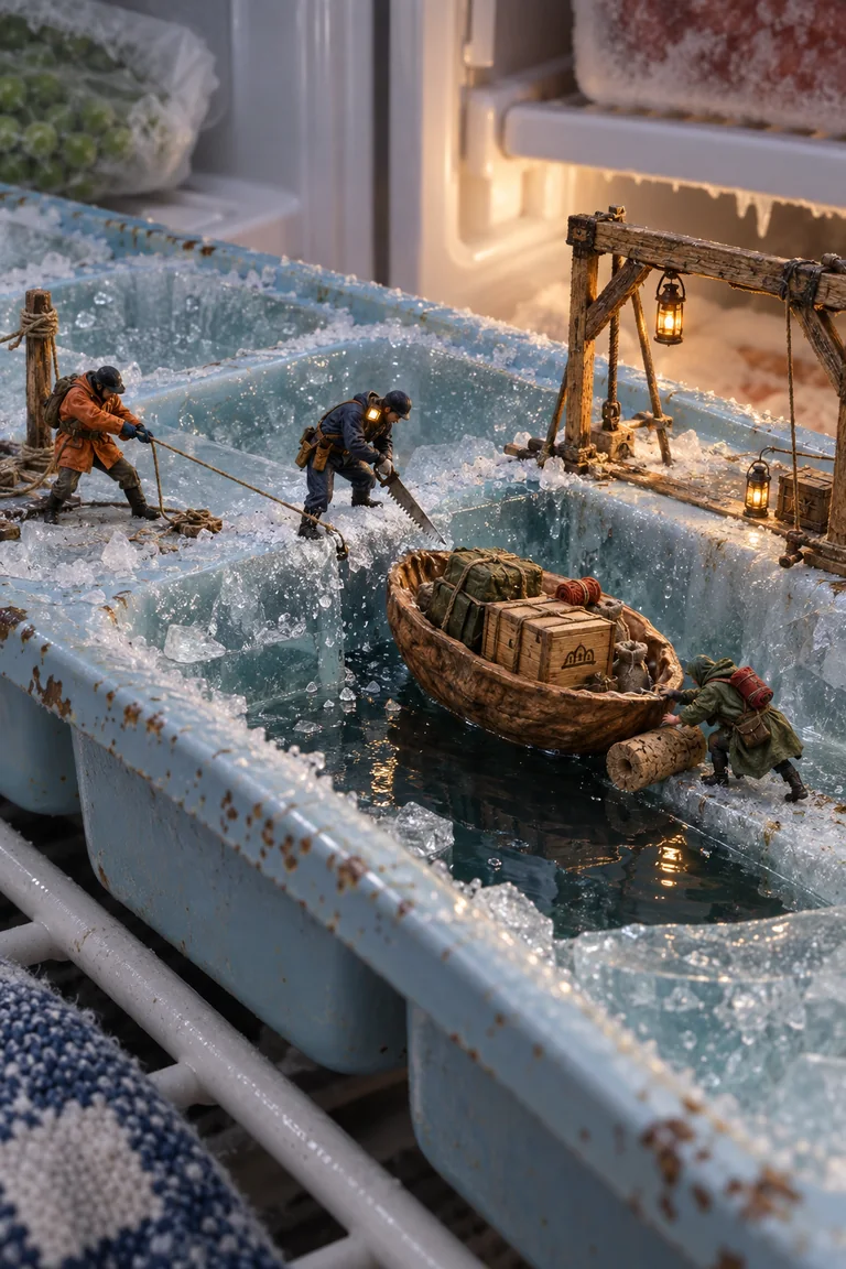 Workers cut an icy channel and guide a walnut-shell boat from a miniature dock inside a household ice tray.