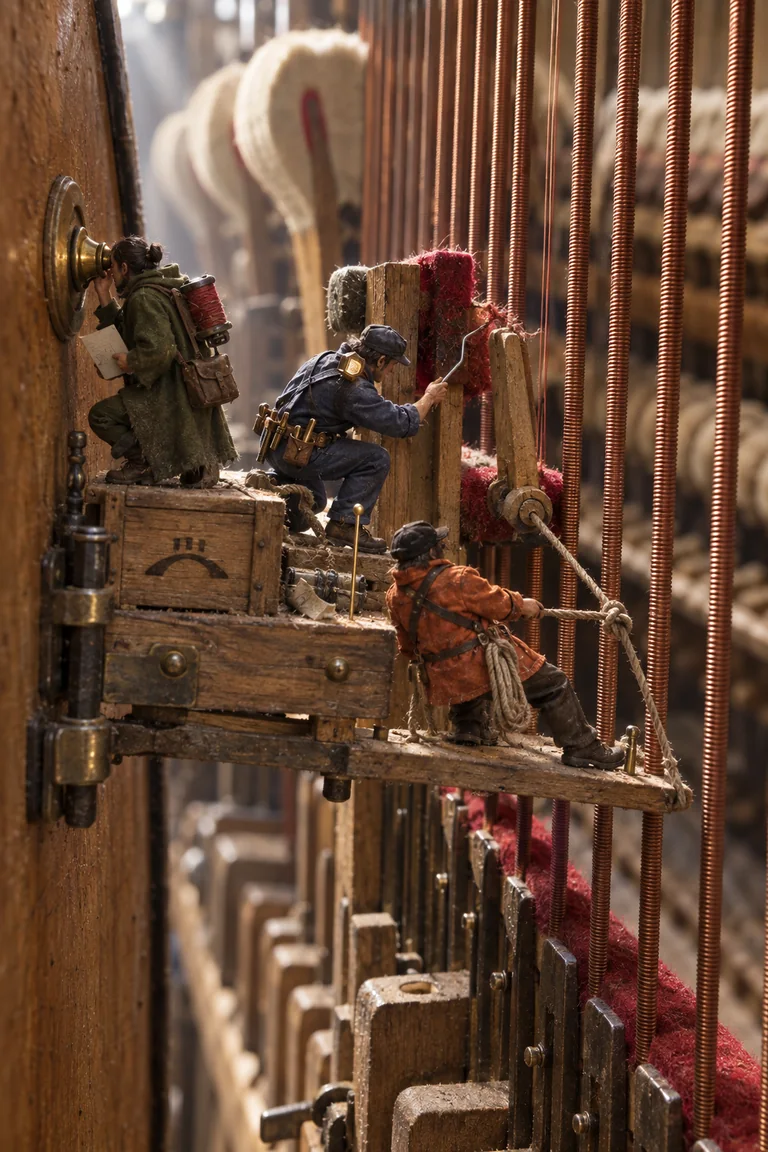 A tiny crew repairs and operates a string-plucking telegraph platform inside an upright piano.