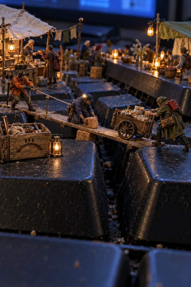 The Keyboard Night Market A miniature crew repairs a ramp between keyboard keys so a supply cart can reach a lantern-lit night market.