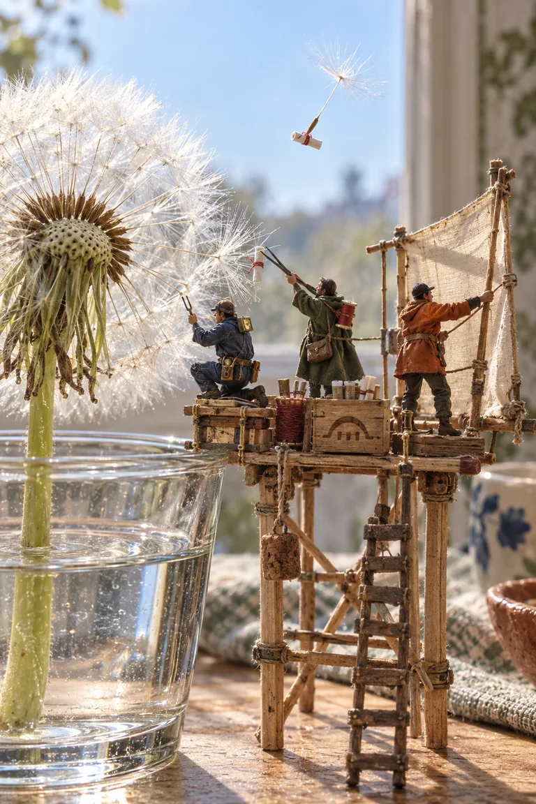 A miniature postal crew untangles and releases a dandelion seed carrying a tiny letter from a supported platform beside a vase.