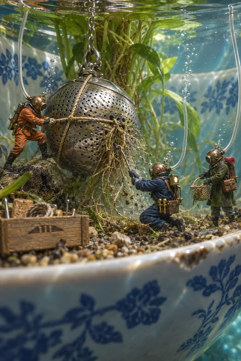 Three miniature divers with air hoses clear roots from a tea-infuser nursery beneath the water in a patterned teacup.