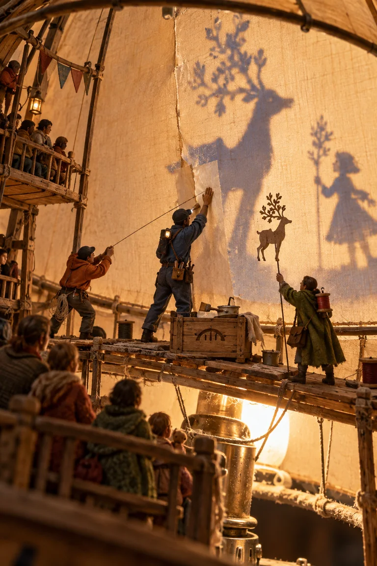 A miniature crew repairs a paper lampshade screen while rod puppets cast large shadows for a tiny festival audience.