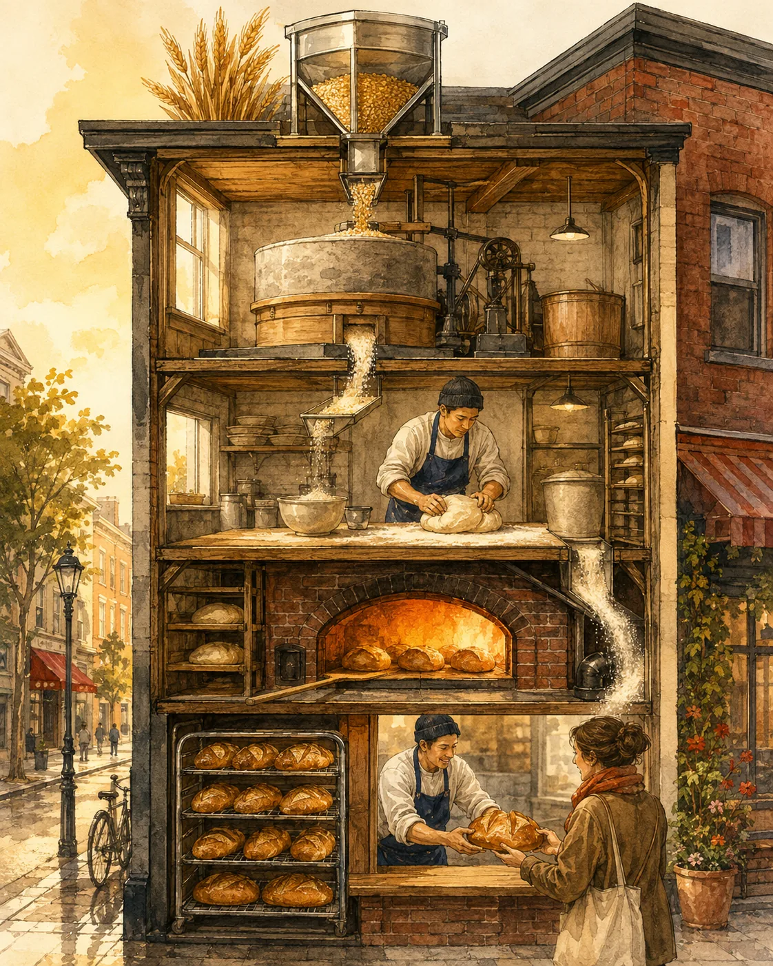 Portrait cutaway illustration showing grain, flour, dough, oven heat and a finished loaf in a neighbourhood bakery.