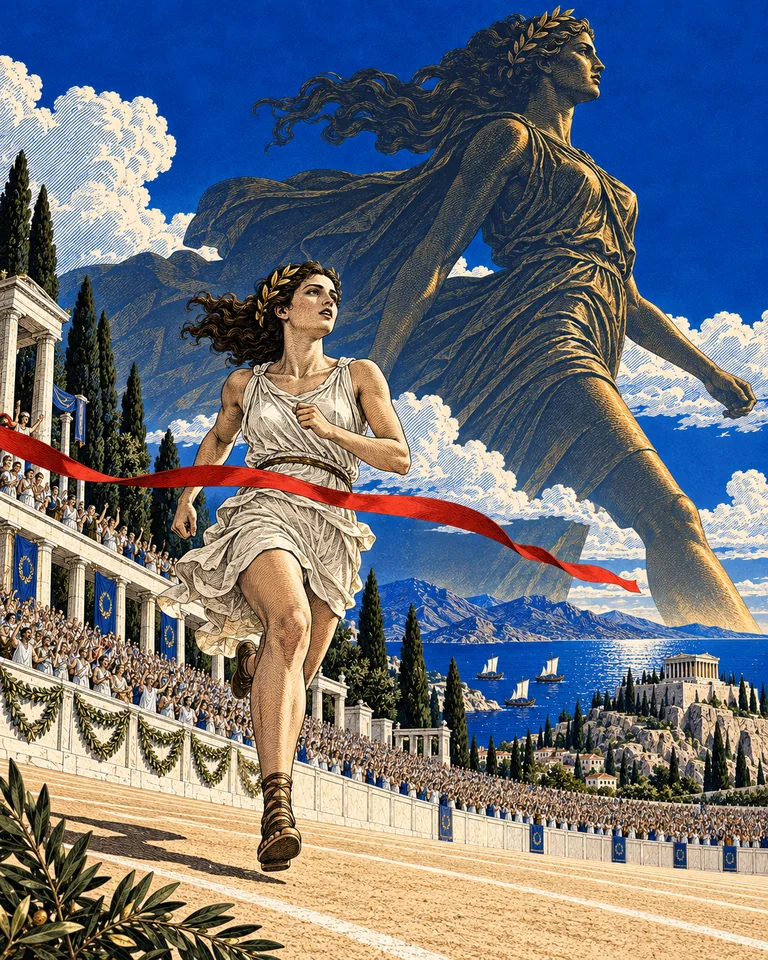 A female runner reaches a stadium finish beneath an immense bronze likeness striding across the sky.