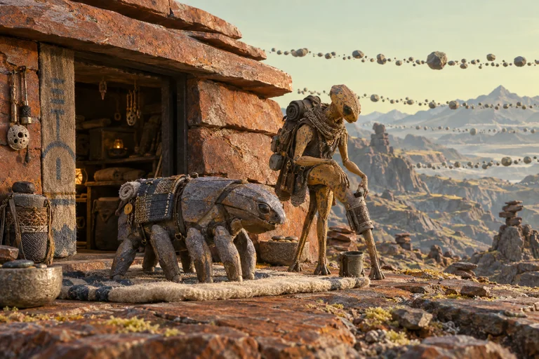 Two alien explorers rest outside an ironstone slab hut: a low slate-plated traveler stands on felt while a tall ochre companion loosens a gaiter. Ribbons of stones float above distant ridges.