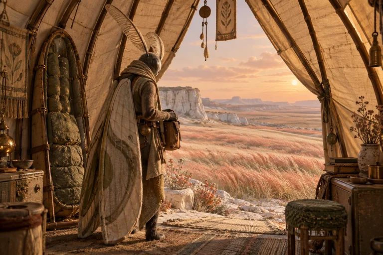 A moth-like explorer with folded cream wings loosens a satchel inside a stitched sailcloth hut. A tall padded cradle waits beside the door overlooking wind-swept coral grass.