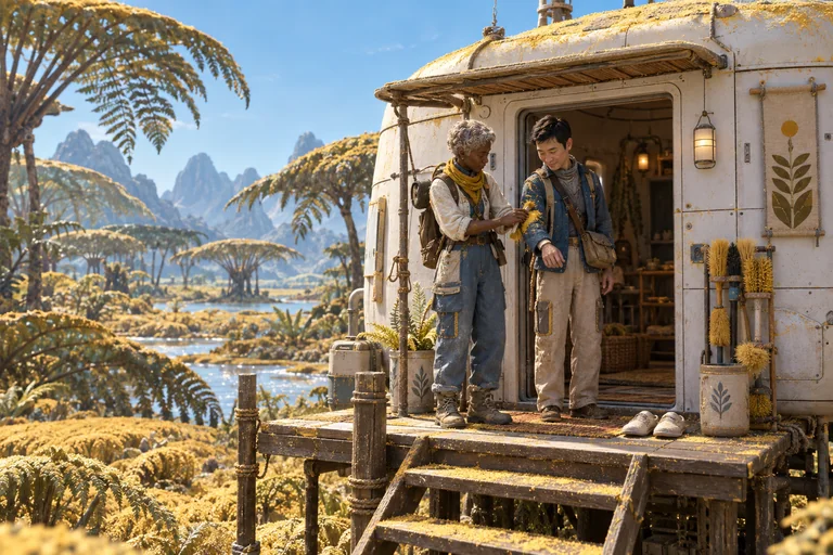 Two human explorers brush golden pollen from a sleeve on the porch of a white enamel hut above a fern wetland. Clean slippers sit by the open door.