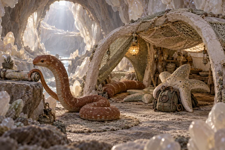 A russet serpentine explorer places a rolled map on a ledge while a pale star-shaped companion lowers a pack beside a knitted shelter in a luminous crystal cavern.