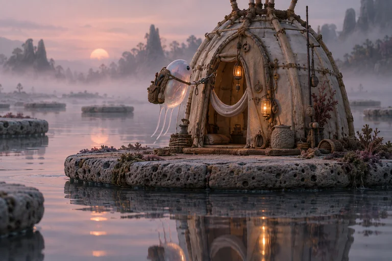 A translucent floating explorer wearing a woven travel harness reaches toward a tether at a warm-lit cork-rib hut on a broad pumice raft in a misty pink lake.