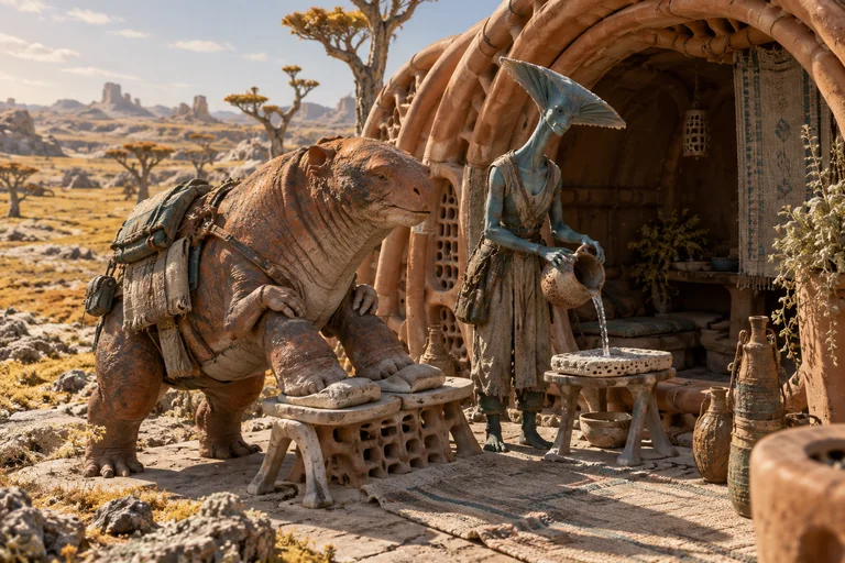 A broad copper alien rests its feet on cool ceramic pads while a slender teal fan-crested companion pours water onto a porous slab outside a terracotta tube hut.