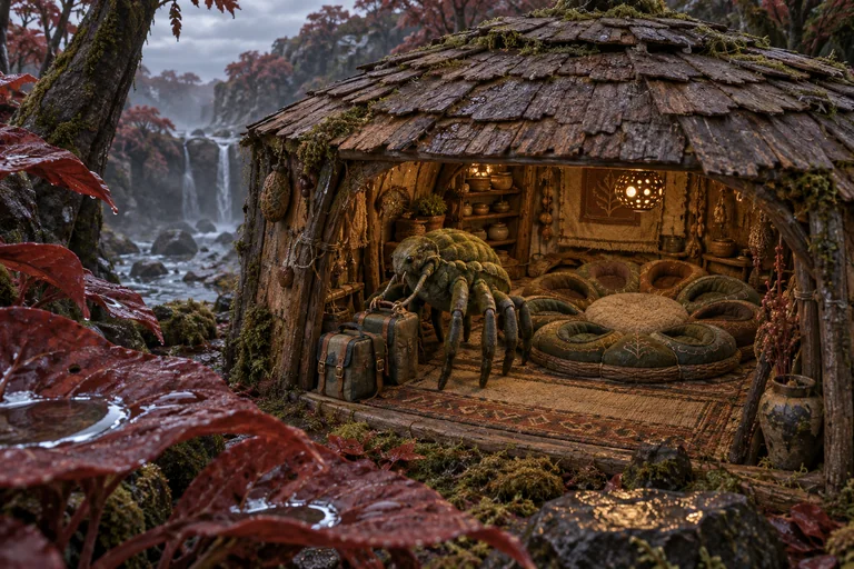 A moss-green many-legged explorer unclips its panniers inside a low bark-shingled hut. A circular quilt with separate foot hollows waits under warm lamplight; rain pools in red leaves outside.
